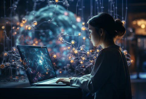 A young asian girl sits at a computer and works with a neural network. The concept of artificial intelligence and modern technologies. AI generated