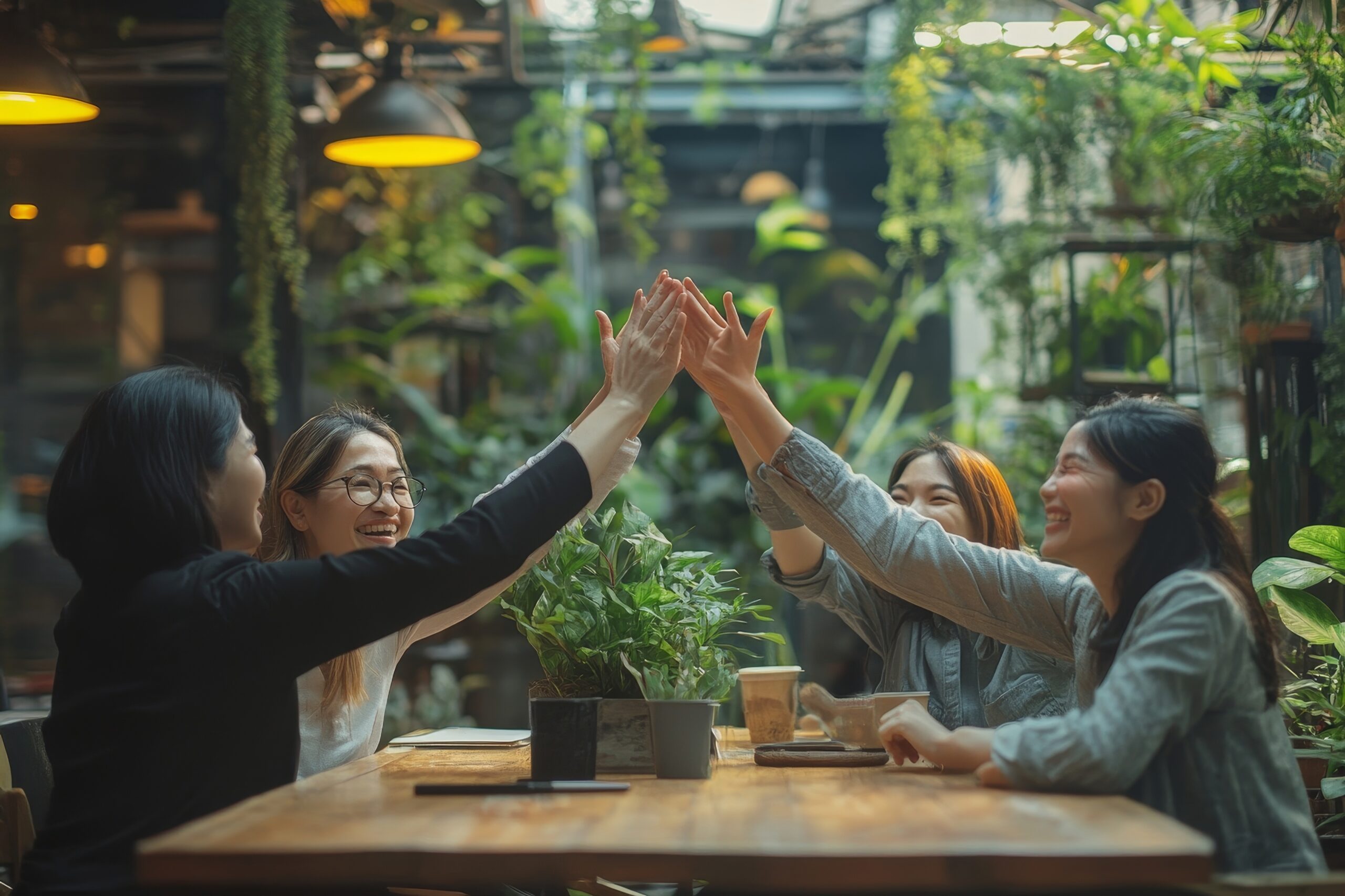 group professional business people to win of celebrating project success.Creative business happy and enjoy gesture hand high five good teamwork together at green plant terrace, Generative AI