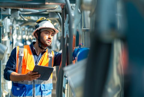 Professional Asian man engineer in safety uniform working on digital tablet at outdoor construction site rooftop. Industrial technician worker maintenance checking building exterior air HVAC systems.