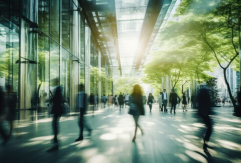 Sustainability in business center concept, business people crowd walking at corporate office in green city downtown, Abstract motion blur image, blurred background, Generative AI