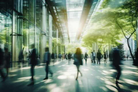 Sustainability in business center concept, business people crowd walking at corporate office in green city downtown, Abstract motion blur image, blurred background, Generative AI